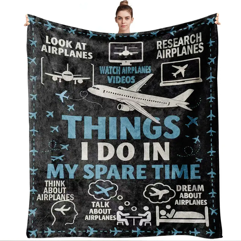 Aviation Theme Flannel Dad Blanket - 60*80 in Thick Warm Soft Multi-Functional Throw, Airplane Enthusiast Pilot Gift, Home Decor for Sofa Cover Bedroom Nap, 4 Seasons Use