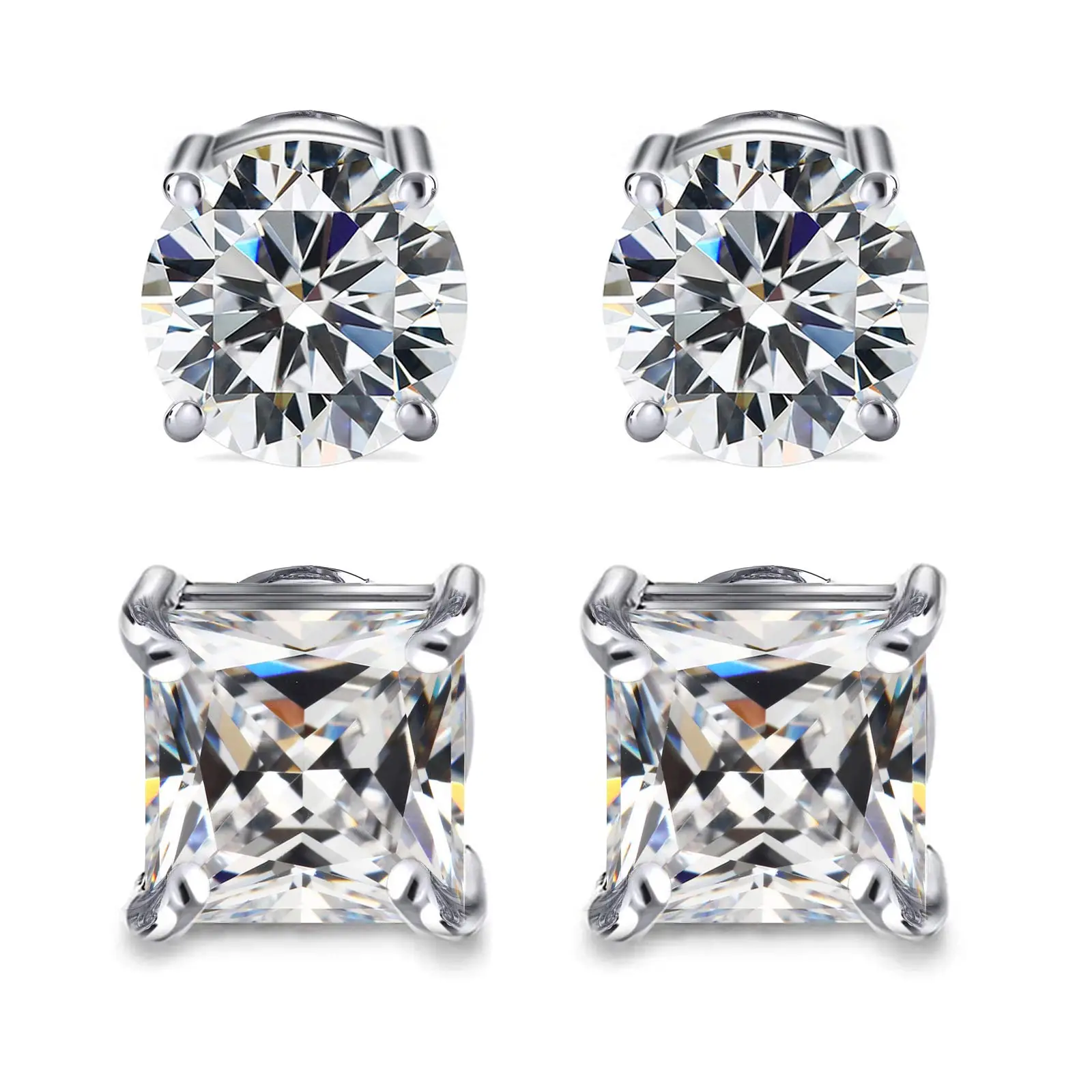 Cassieca 2 Pairs Stainless Steel Magnetic Stud Earrings for Men & Women, Non-Piercing CZ 5-8MM, Durable & Hypoallergenic Jewelry for Everyday Wear