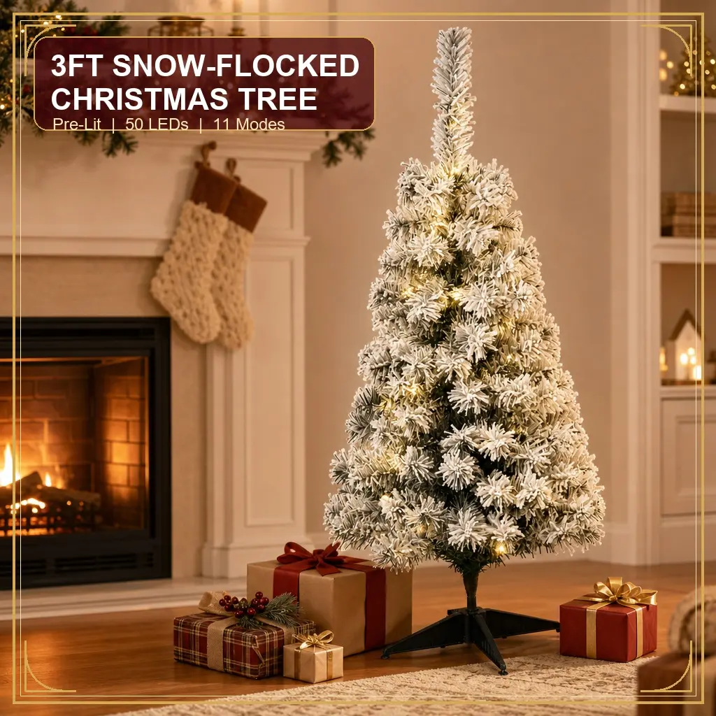 3 Ft Snow Flocked Pre-Lit Tabletop Christmas Tree – 50 Warm White LEDs with 11 Modes, 115 Branch Tips, Premium PVC, No Assembly Needed, Sturdy 4-Leg Stand, Ideal for Desk, Office, Apartment & Holiday Décor.