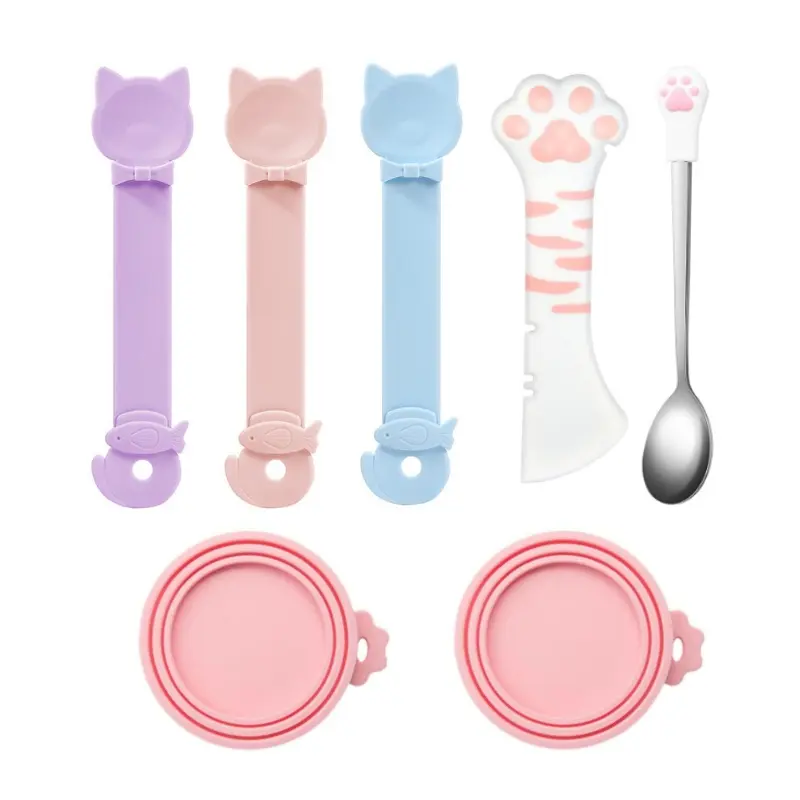 7-piece cat food tool set, including reusable silicone can lid, can opener, stainless steel wet food spoon, cat food squeezer, suitable for pet feeding and storage, suitable for cats and dogs
