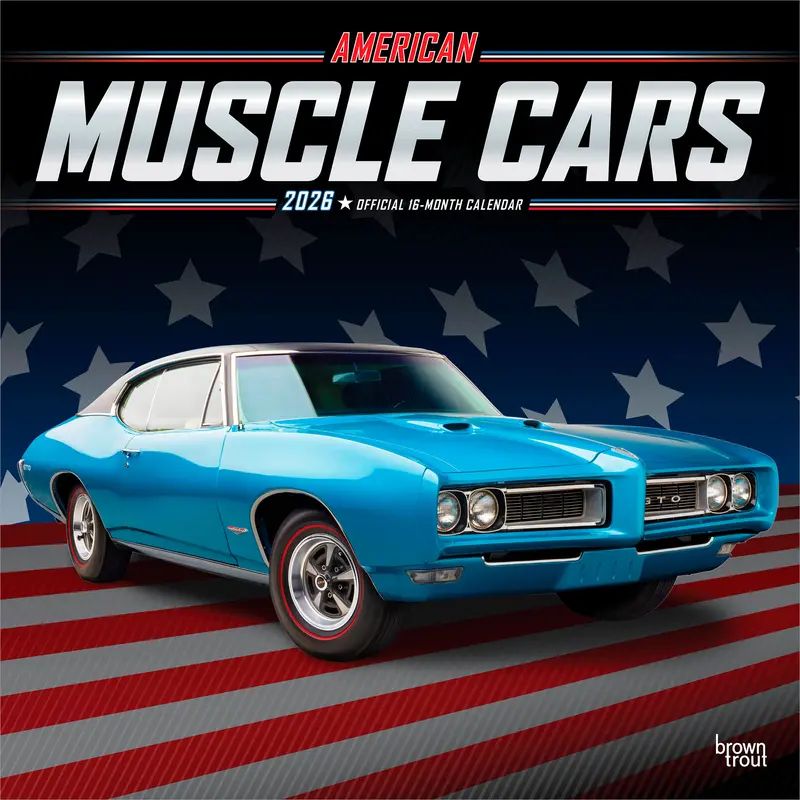 American Muscle Cars OFFICIAL | 2026 12 x 24 Inch (Hanging) Monthly Square Wall Calendar | Foil Stamped Cover | Plastic-Free | BrownTrout | USA Motor Ford Chevrolet Chrysler Oldsmobile Pontiac