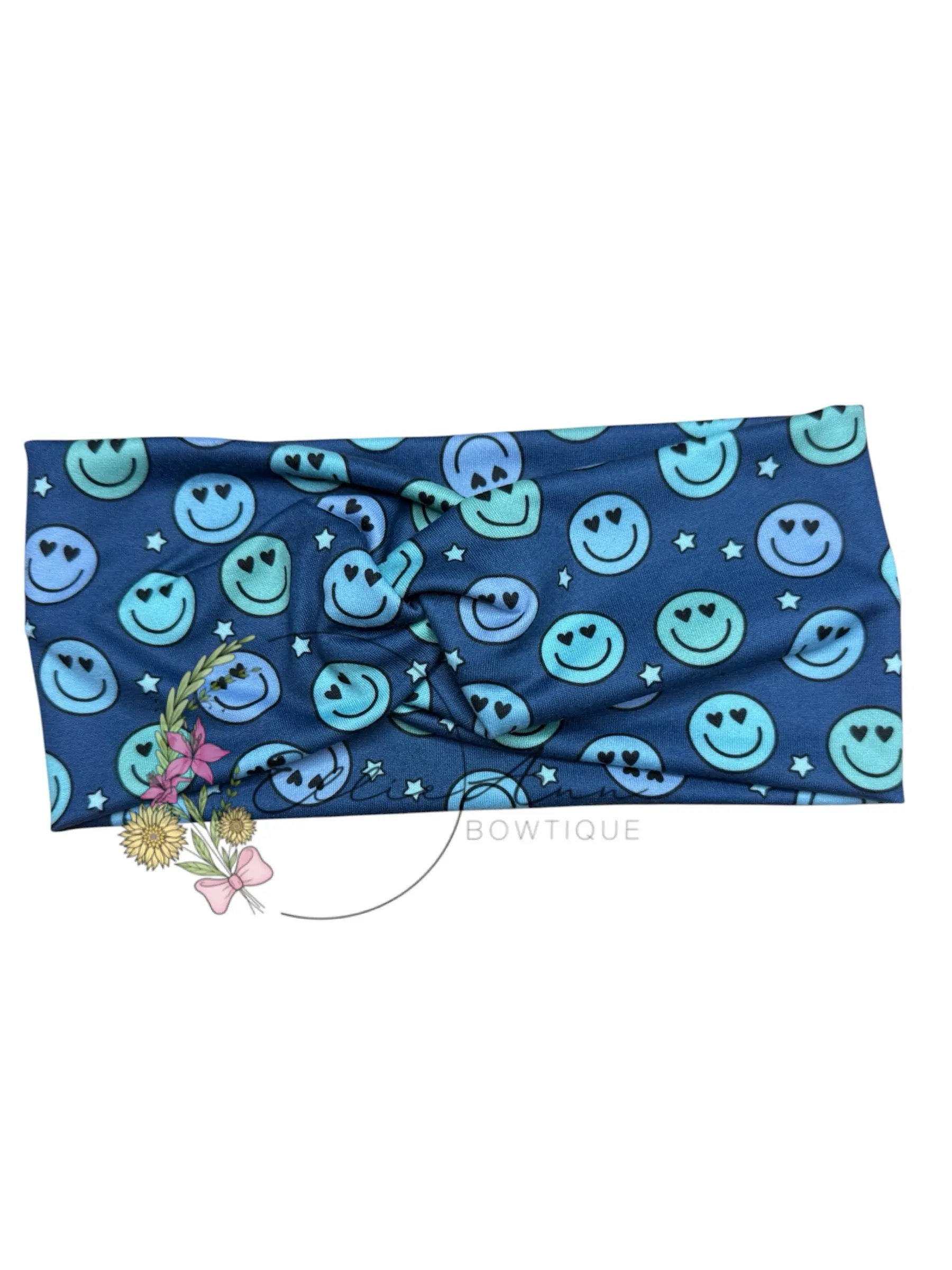 DBP Twist Headband Blue with smiley faces