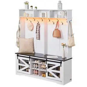 【fathersdaygift】VEVOR Hall Tree Entryway Bench, LED Coat Rack with Shoe Storage, 59" Wide Mudroom bench with Storage and Seating, Adjustable Shelves and 12 Hanging Hooks, for Mudroom, Entryway, Hallway