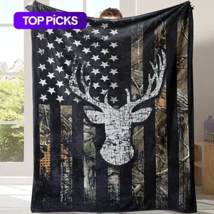 Flag & Deer Head Pattern Flannel Blanket, Flannel Cozy Blanket, 1 Count Soft Comfortable Warm Throw, Cool Bedroom Bedding Blankets for Home Office Travel Camping