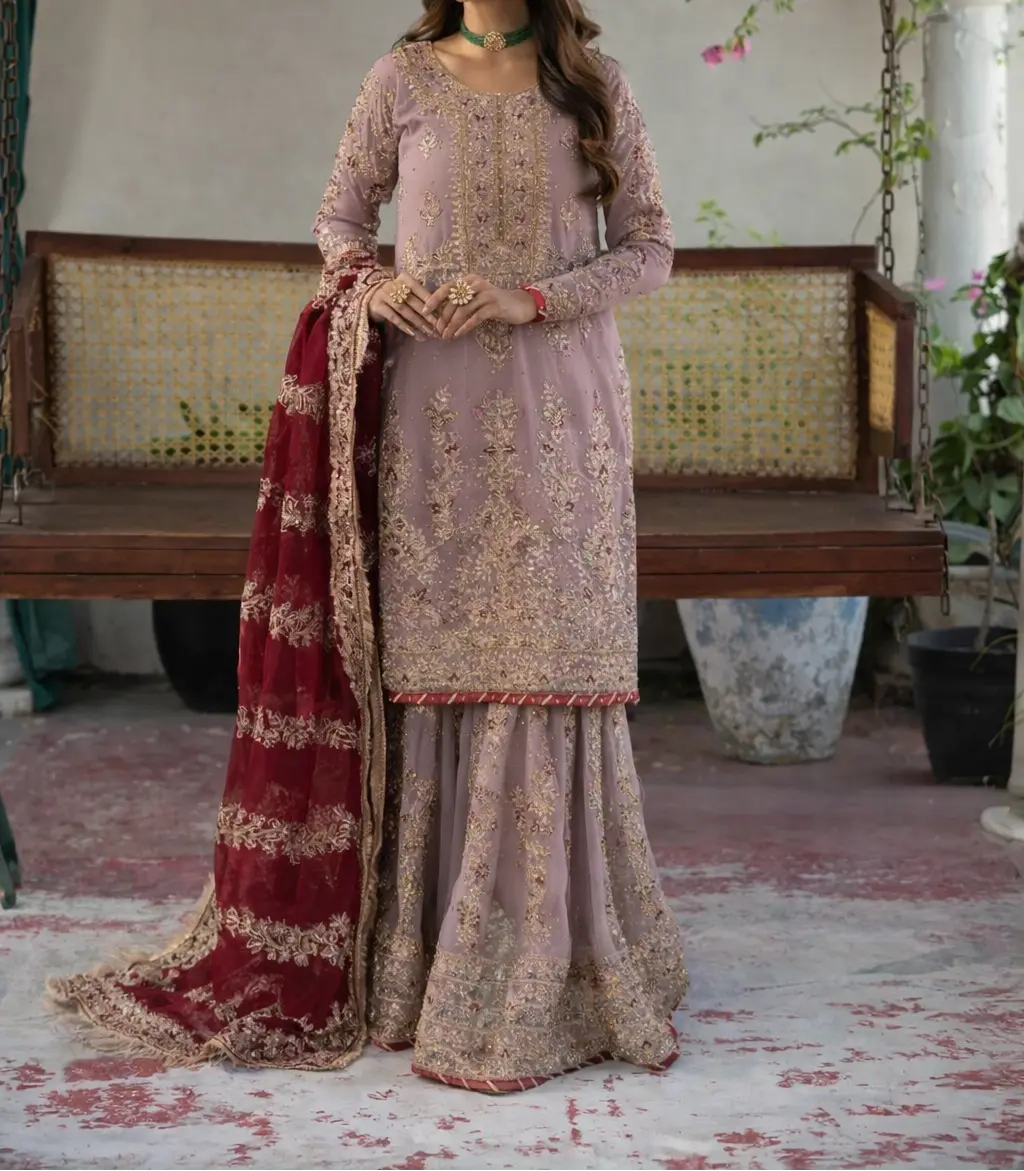 Women's 3-Piece Gharara Set in Light Mauve Chiffon, Formal Shirt & Flared Bottom with Floral Zardozi Embroidery and Organza Dupatta for Wedding Wear, Soft, Lady, Beads