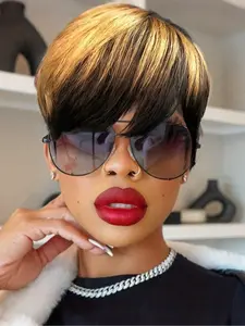 1b/27 Honey Blonde Ombre Color Short Wavy Bob Pixie Cut Wig, Full Machine-Made Human Hair, with Bangs for Women, Stylish & Versatile Design, Human Hair Wigs