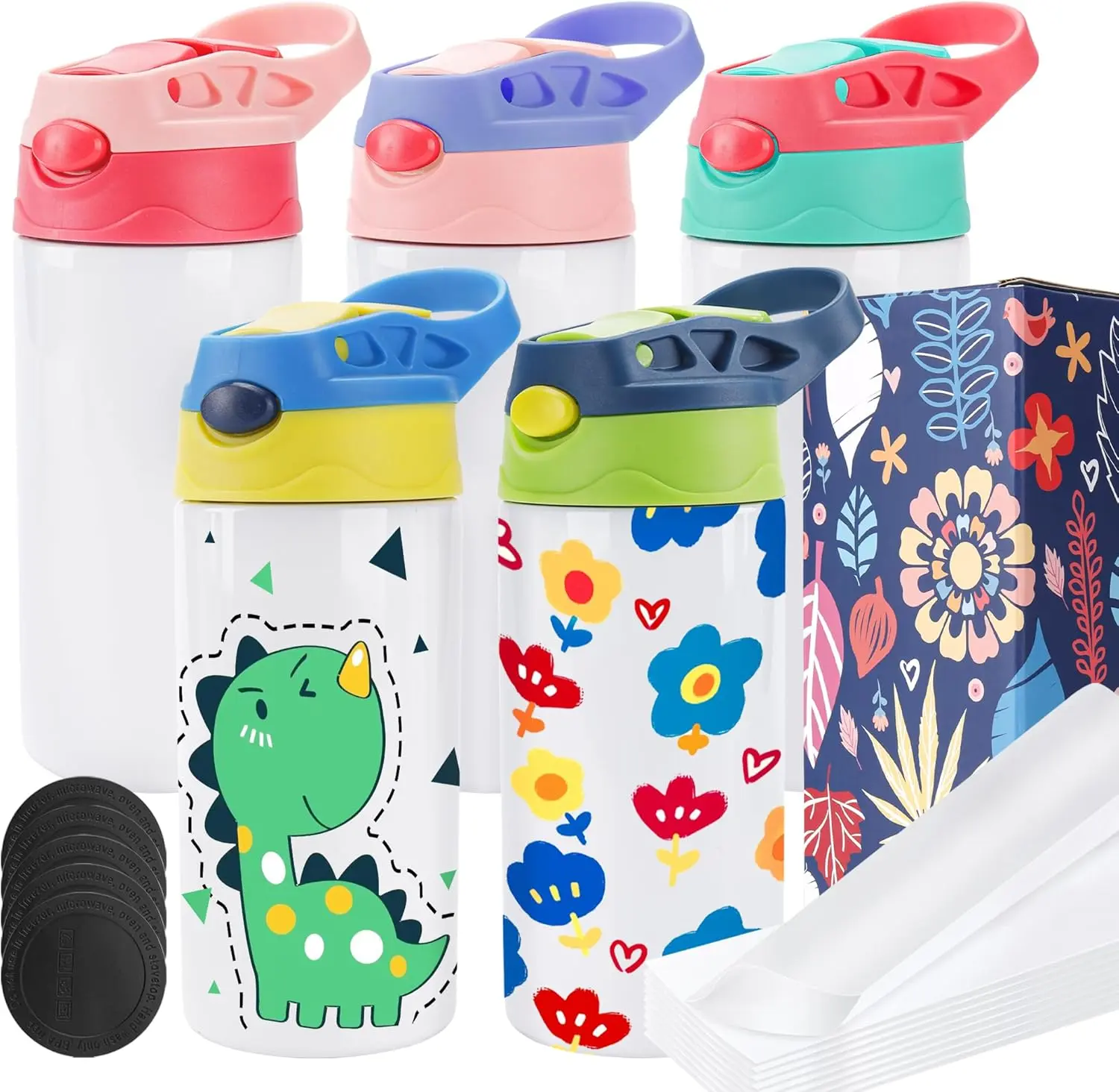 Joyclub 5 Pack Kids Sublimation Tumbler with Lid and Straw 12 oz Kids Sublimation Water Bottles Stainless Steel Cups for DIY Insulated Tumbler Heat Press Print sohochic