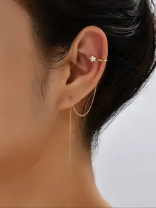 Elegant Long Dangle Flower Zircon Inlaid Zirconia Ear Cuff Earrings, Star Design Pierced Hoop Jewelry for Women, All-Season Casual Accessory, High Quality Earrings
