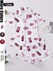 Women's Heart Bow Print Sleepwear Set, Short Sleeve Button-Up Top & Elastic Shorts, Casual Homewear for Party
