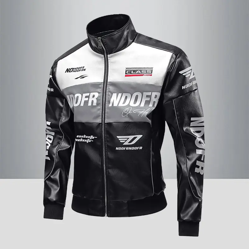 Men's American Street Racing Style Printed Stand Collar PU Leather Jacket Zipper Coat Spring Autumn Trendy Motorcycle Brand Outerwear Menswear Stylish Black Long Sleeve