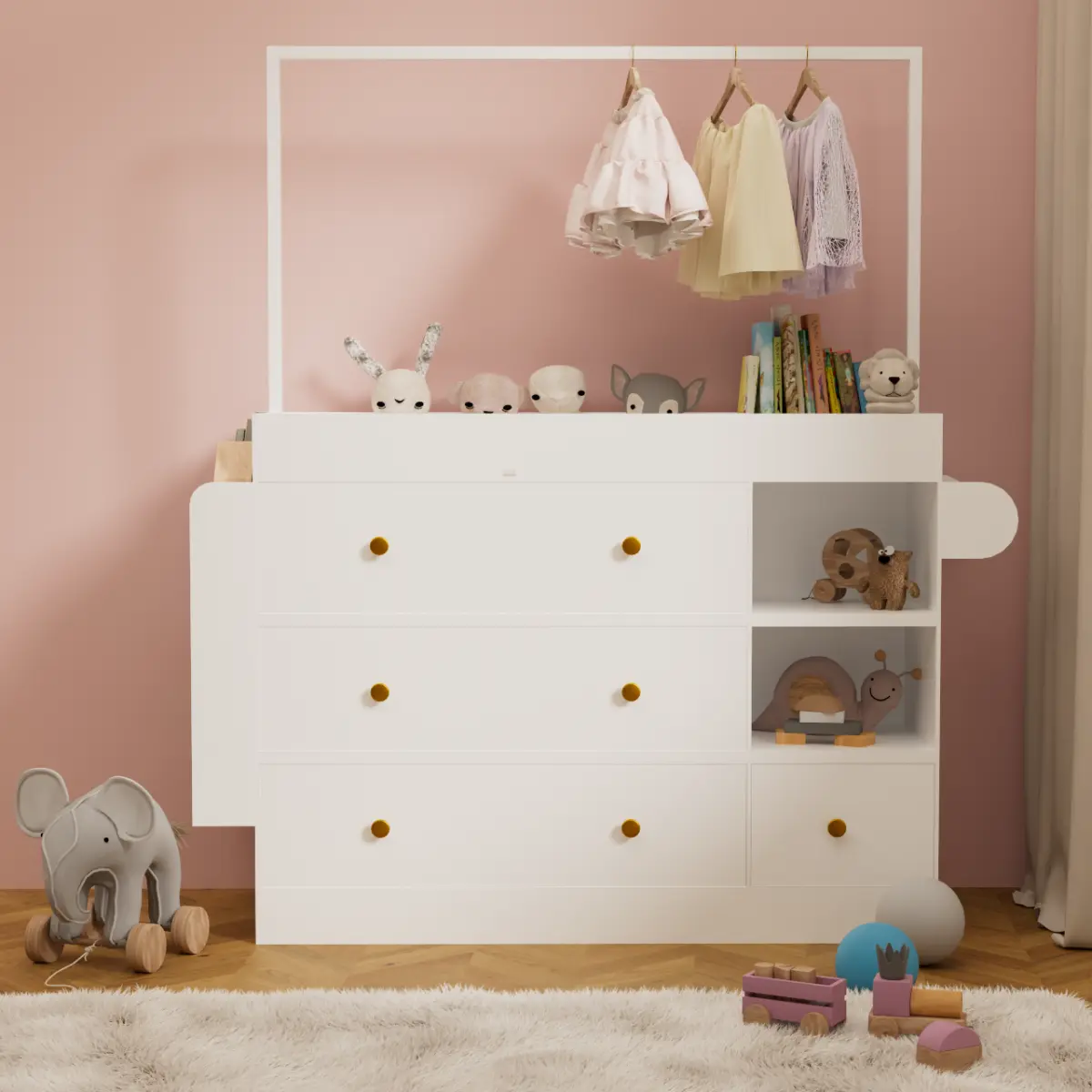 Modern  Table Dresser,Baby Dressing Table with 3 extra deep Drawers and Storage Shelves and Hangers, Multi-Functional Baby Changing Table with Drying Rack for Nursery, White
