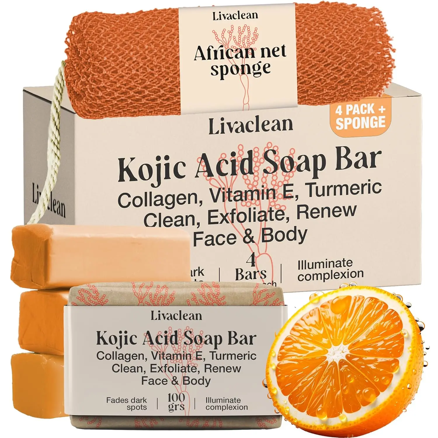 LivaClean Kojic Acid Soap Set (4 x 100g Bars with African Net Sponge) - Exfoliating Face & Body Cleanser for Smoother, Fresh and Clean Skin, Vegan Body Care, Tone Evenly, Multi-Pack, Solid Bar, Cruelty Free, Alcohol Free, Body Wash, Coconut Oil