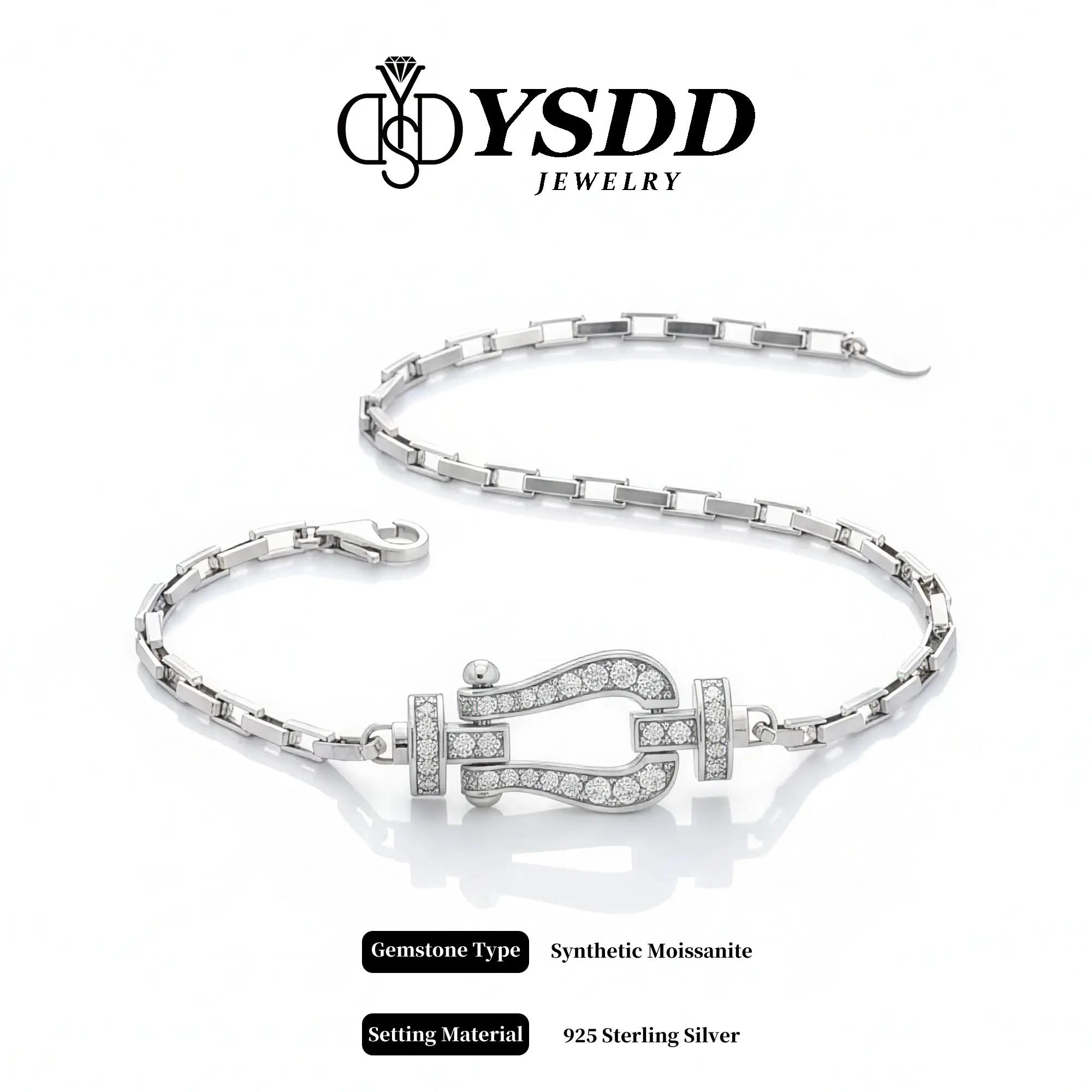 YSDD 【#709 Limited Edition】Unisex Lucky Horseshoe Paperclip Chain Bracelet, 9.2g 925 Sterling Silver, Crafted with VVS Full Moissanite, Suitable for Any Occasion