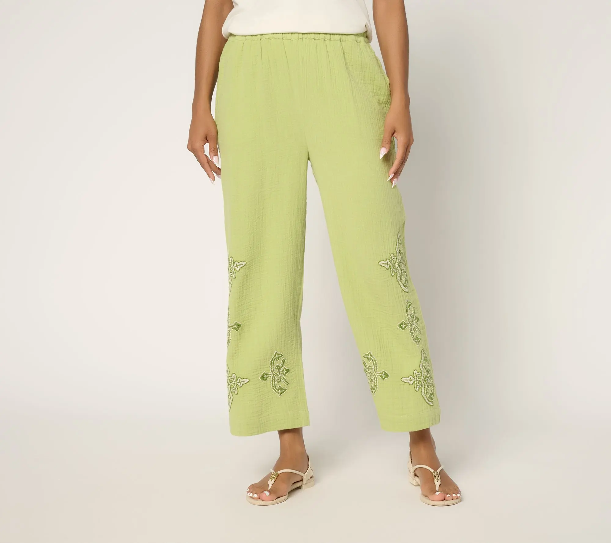 Susan Graver PURE Petite Getaway Gauze Embroidered Wide Leg Pants
