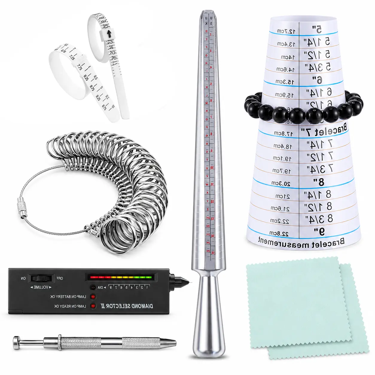 Jewelry Sizing Tool Kit with Ring Mandrel Bracelet Measuring Tool, Ring Gauges and Diamond Tester
