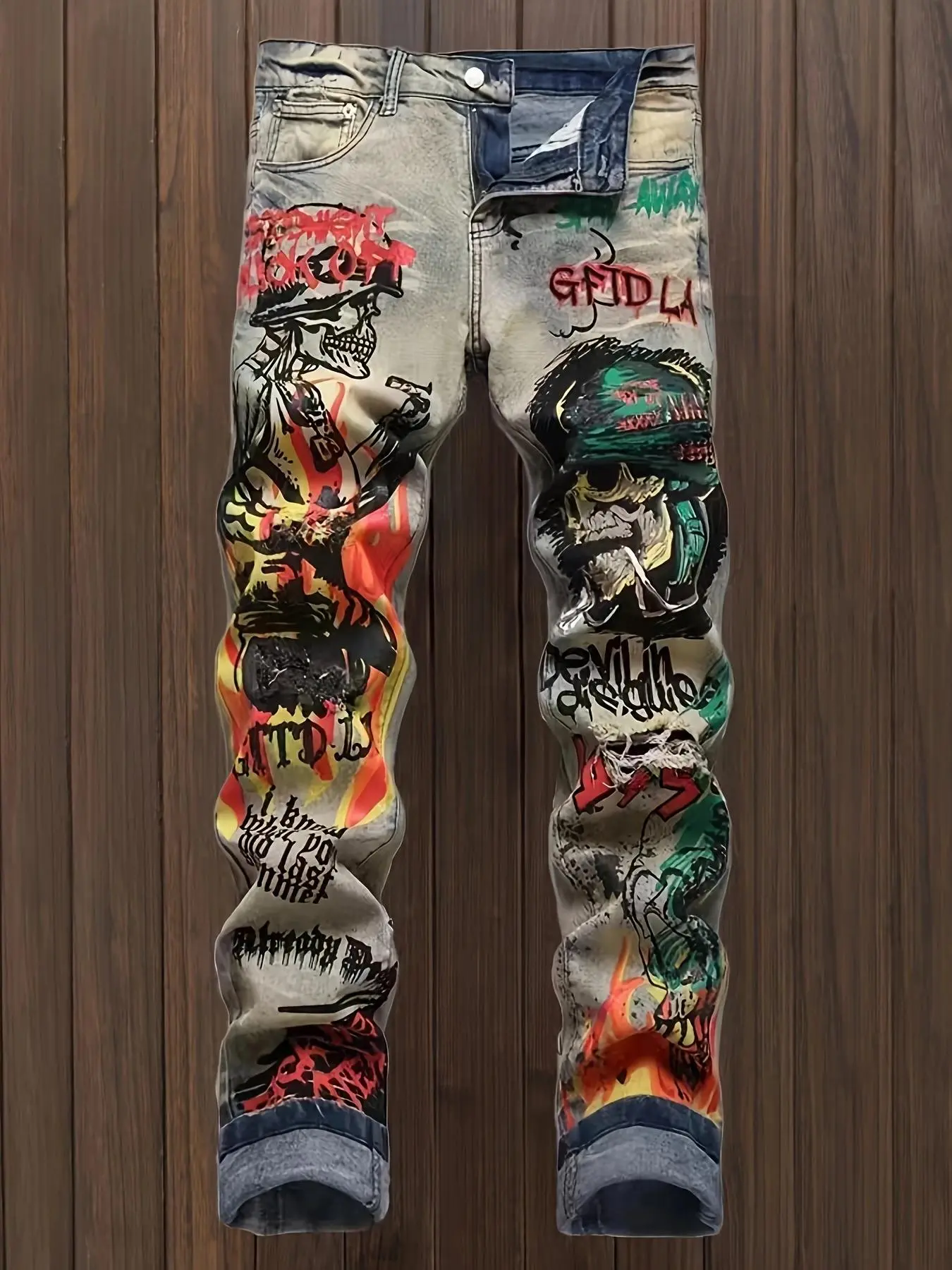 Men's Graffiti Print Denim Jeans, Regular Fit Casual Fashion Ripped Straight Leg Jeans for Daily Wear, Men's Bottoms for Summer