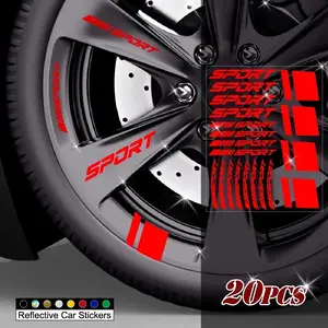 A set of 20 reflective vinyl stickers for car wheels, featuring Hash marking stripes and racing wheel decals