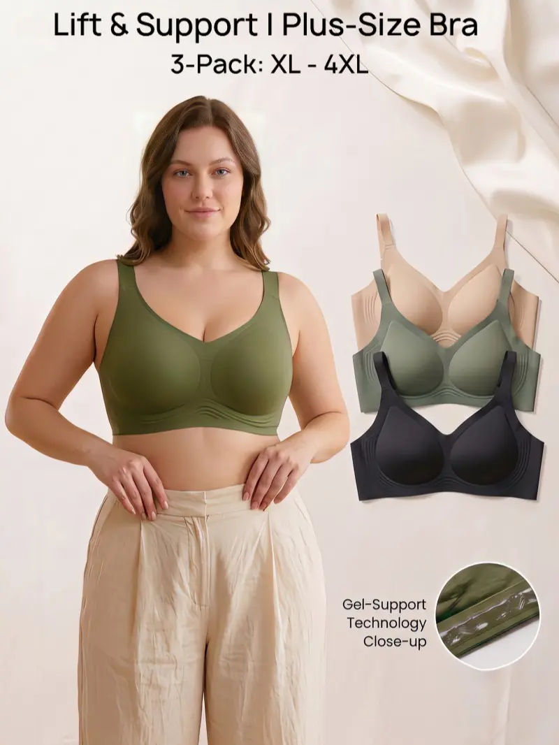 3 Pack Plus Size Gel Support Wireless Bra for Large Bust Full Coverage Seamless Lifting Bralette Smooth Anti Slip Comfort Bras soft everyday tshirt bra multiway