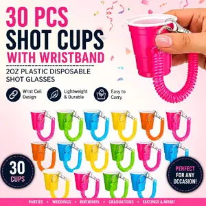 30 Pieces Shot Cups with Wristband for Party 2 oz Plastic Disposable Shot Glasses Multicolors Tasting Sample Wedding Graduation Party Supplies