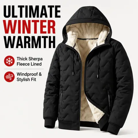 2026 New Fashion Men's Slim-Fit Fitted Hooded Outdoor Jacket - Soft Long Sleeves, Winter Fleece Lined, Ultrasonic Lambswool Fabric Outerwear, No Added Bulk, Warm Layer for Motorcycling, Off-Road Riding