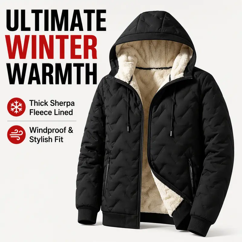 2026 New Fashion Men's Slim-Fit Fitted Hooded Outdoor Jacket - Soft Long Sleeves, Winter Fleece Lined, Ultrasonic Lambswool Fabric Outerwear, No Added Bulk, Warm Layer for Motorcycling, Off-Road Riding