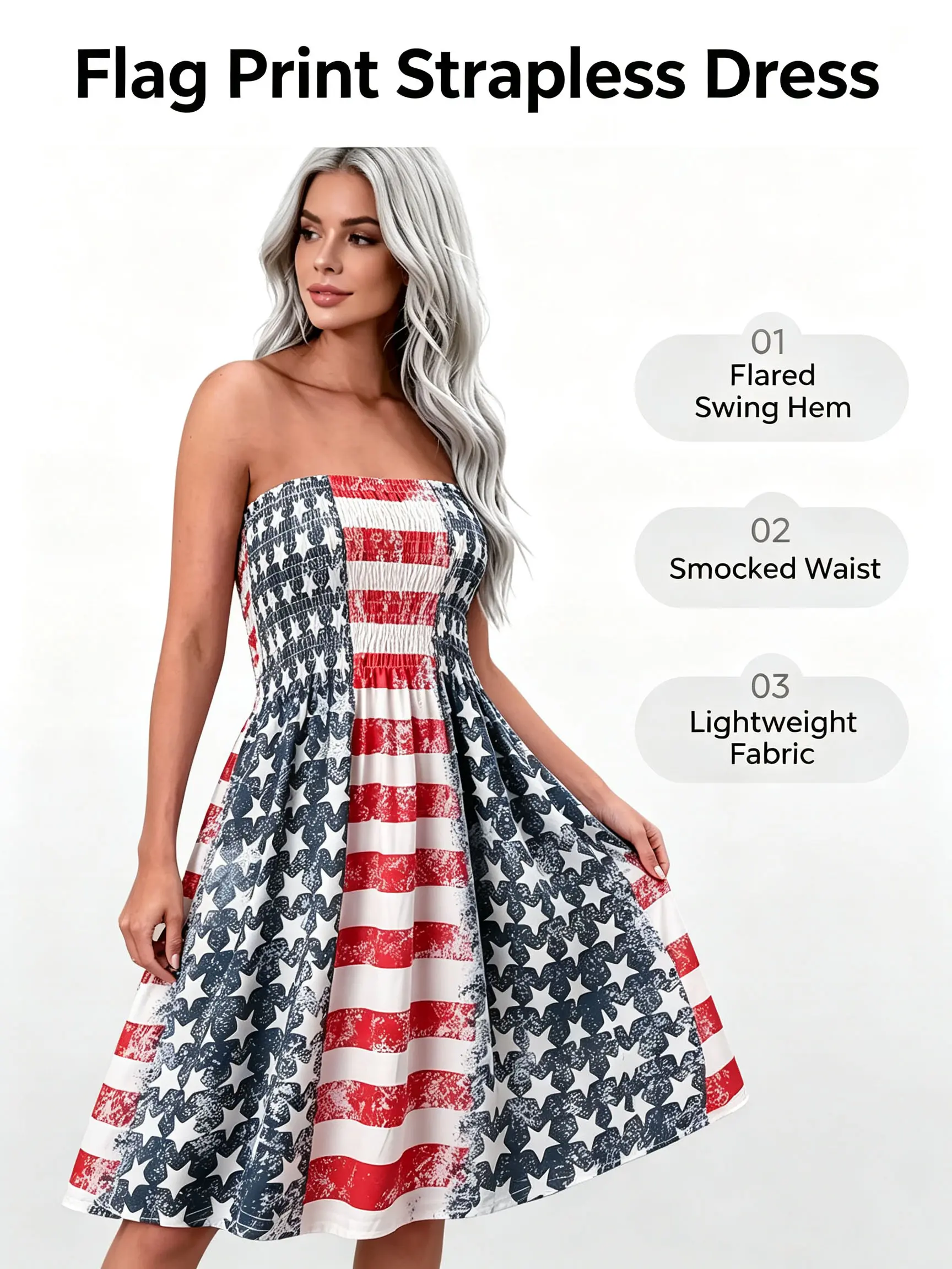 Women's Vintage American Flag Strapless Tube Dress - 250th Independence Day Patriotic A-line dress, Smocked Peplum Bandeau Dress for 4th of July Patriotic Celebration，Casual Flowy Summer Party Dress Elegant Womenswear