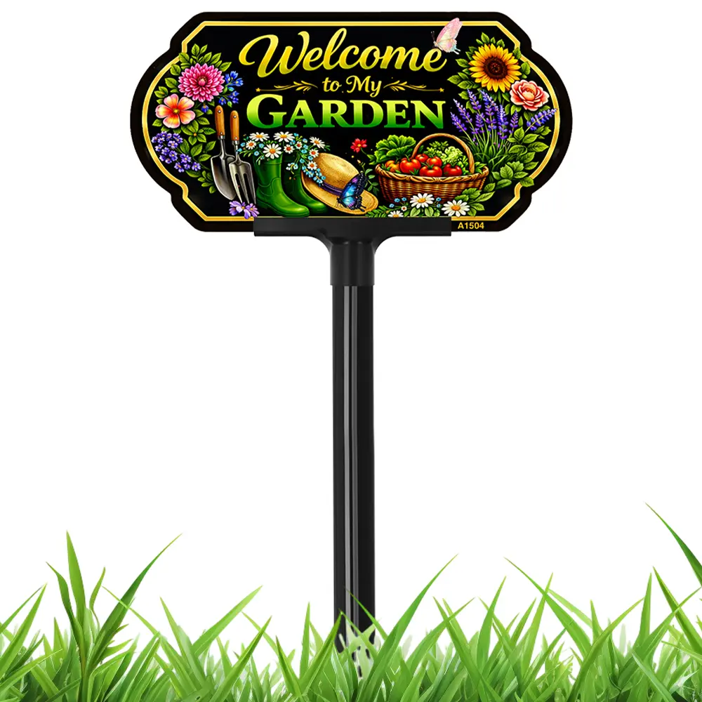 Welcome to My Garden Yard Sign with Stake, 10x5 Inch Aluminum Garden Sign, UV Printed Weatherproof Outdoor Floral Decor, Adjustable 24" & 37" Height, Gift for Garden Lovers