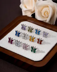 Birthstone Butterfly Jewelry Set for Women, 925 Sterling Silver Necklace and Earrings Set, Blue Crystal Butterfly Pendant Stud Earrings, Gift for Her