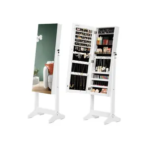 SONGMICS Jewelry Cabinet Armoire, Freestanding Lockable Storage Organizer Unit with 2 Plastic Cosmetic Storage, Full-Length Frameless Mirror, for Necklace Earring