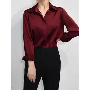 Elegant Women's Satin Long Sleeve Shirt - Burgundy Red, Collar, Smooth Finish, Machine Washable, Perfect for Work or Casual Outfits, Office Clothing | Versatile Fashion | Tailored Fit, Satin Blouse
