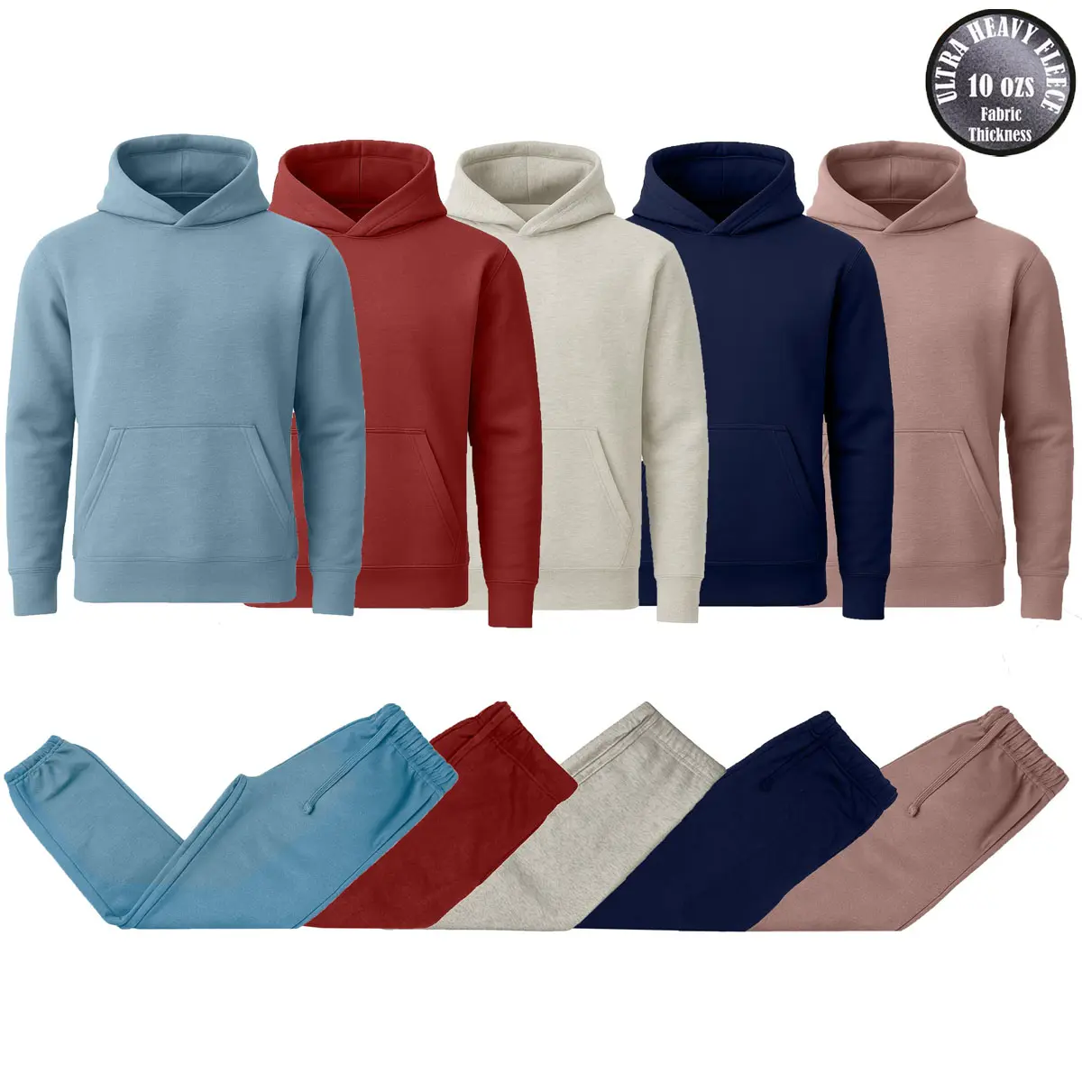 Men’s Heavyweight (10 oz) Soft Fleece Cotton Blend Pullover Hoodie & Sweatpants Jogging Set