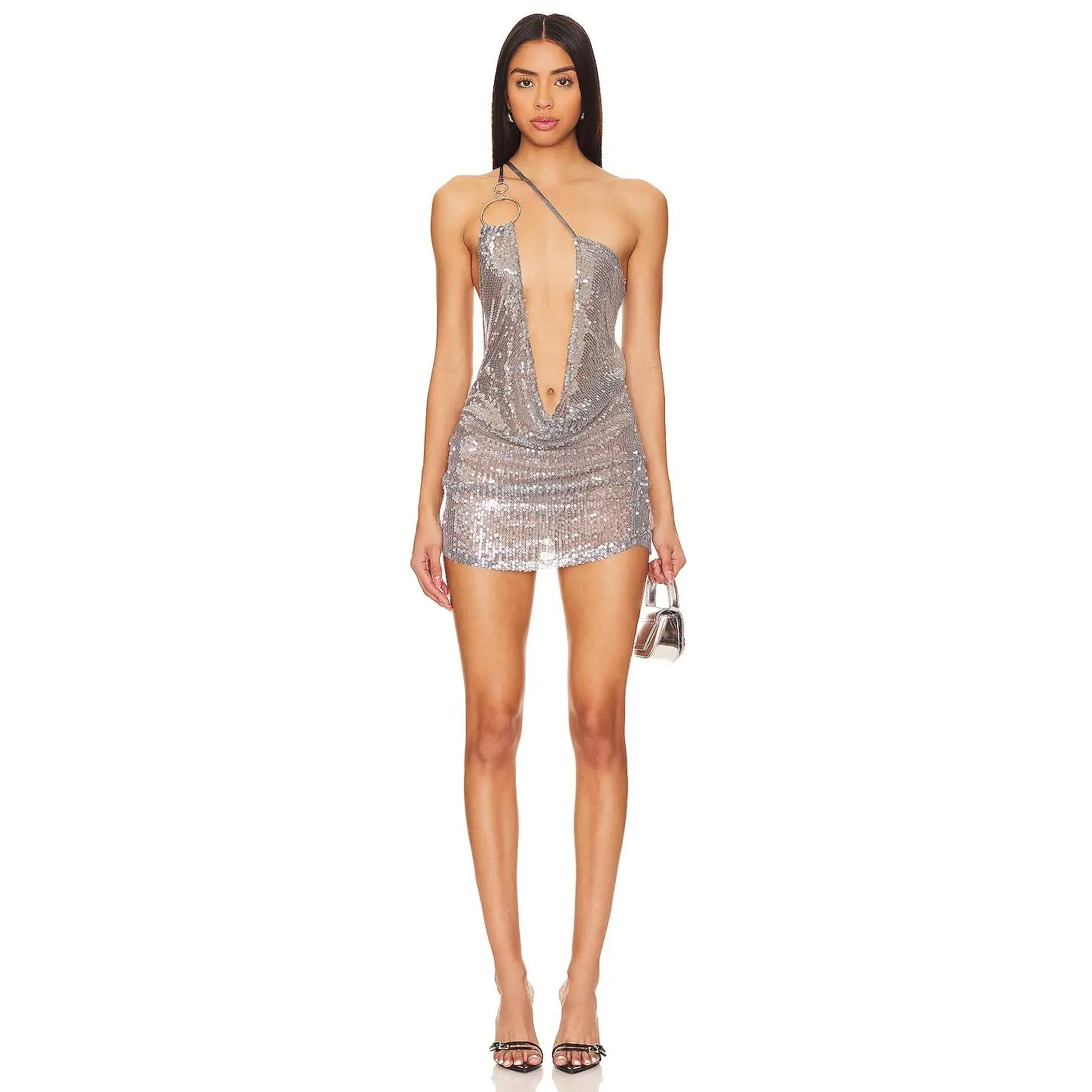 Jaded London Draped Mini Dress With Ring Detail in Gunmetal