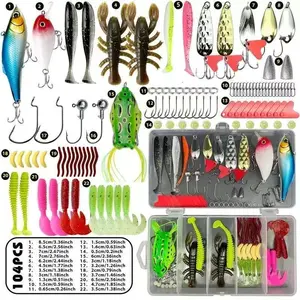 104-Piece Fishing Lures Kit - Buzz Bait/Spinner Baits/Jig/Frog, Fishing Tackle Box with Tackle Included, Soft Bait/Hooks/Weights, Fishing Gear Lure Kit Gift for Men Freshwater Bass Trout