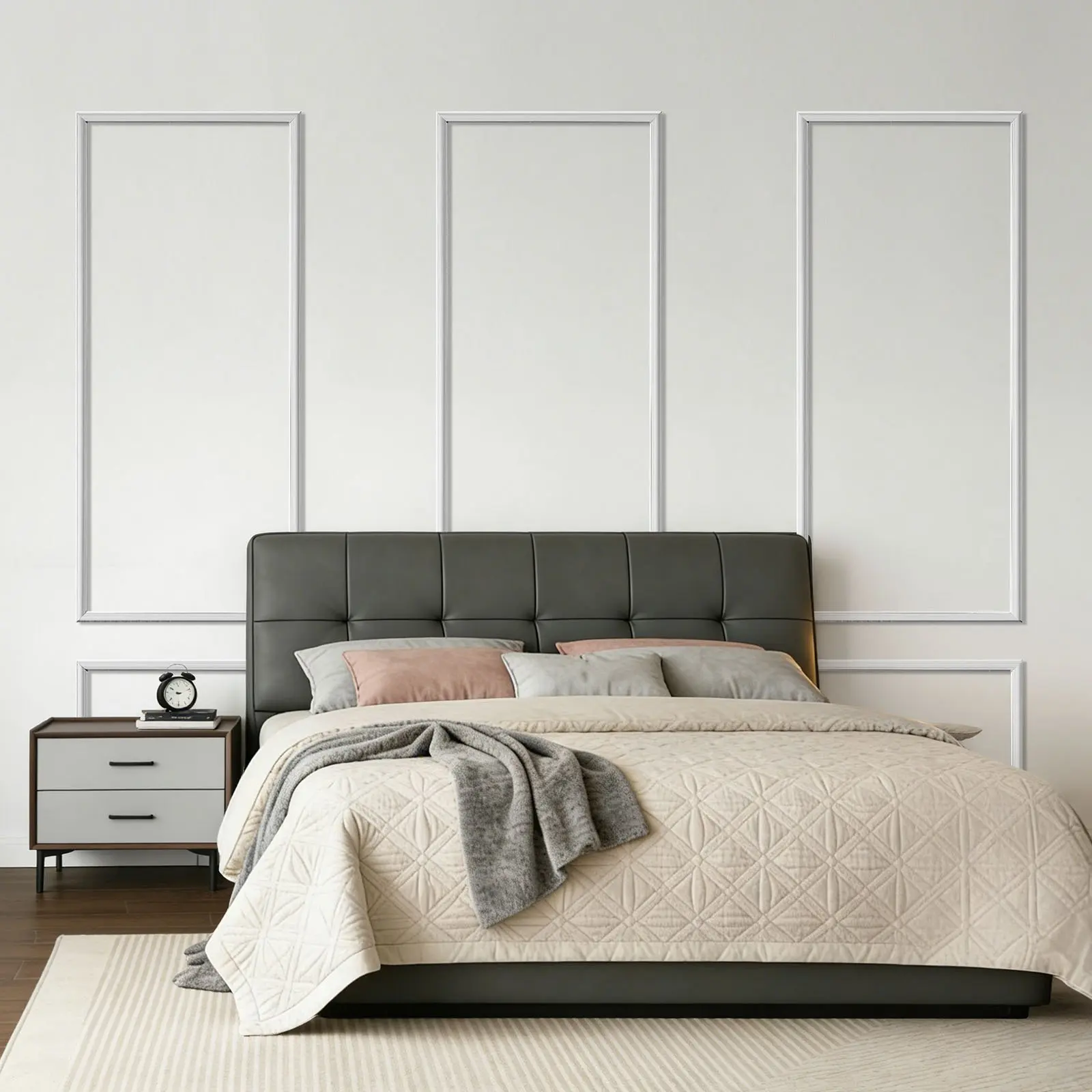 VEVOR 3-Set Wainscotting Wall Molding Panels Kit, Lightweight Paintable Polystyrene, Easy-Install Waterproof Wide Profile Trim with Modern Lines for Renters DIY (24x54 in,24x24 in,White,Interior Use) for Bedroom,Living Room,Accent Walls, Contemporary