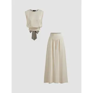 Cider [size 2-10] Satin Round Neckline Solid Knotted Top & Mid Rise Pocket Wide Leg Trousers Set