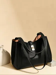 Large Capacity Genuine Leather Shoulder Bag, Crossbody Leather Bag, Alligator Pattern Tote Bag with Lock Decoration, Daily Commute Large Capacity Work Bag, Leather Satchel, Shoulder Bag Purse