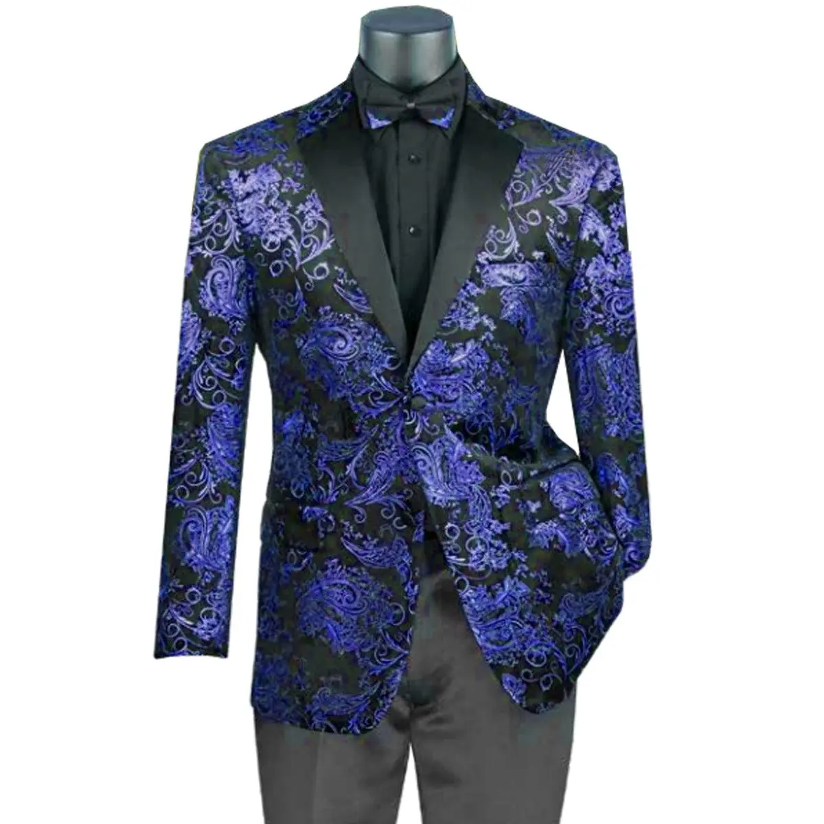 Mens Paisley Velvet Foil Smoking Jacket Tuxedo in Royal Blue