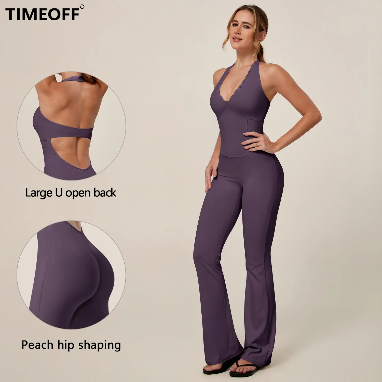 【TIMEOFF】Women Halter Jumpsuit, Large U‑Open Back V‑Neck With Lace Trim, High‑waist Flared Leg Design, Stretchy Hip‑shaping Fabric, Non‑binding Comfort Fit for Yoga Workout Gym Daily Casual Wear