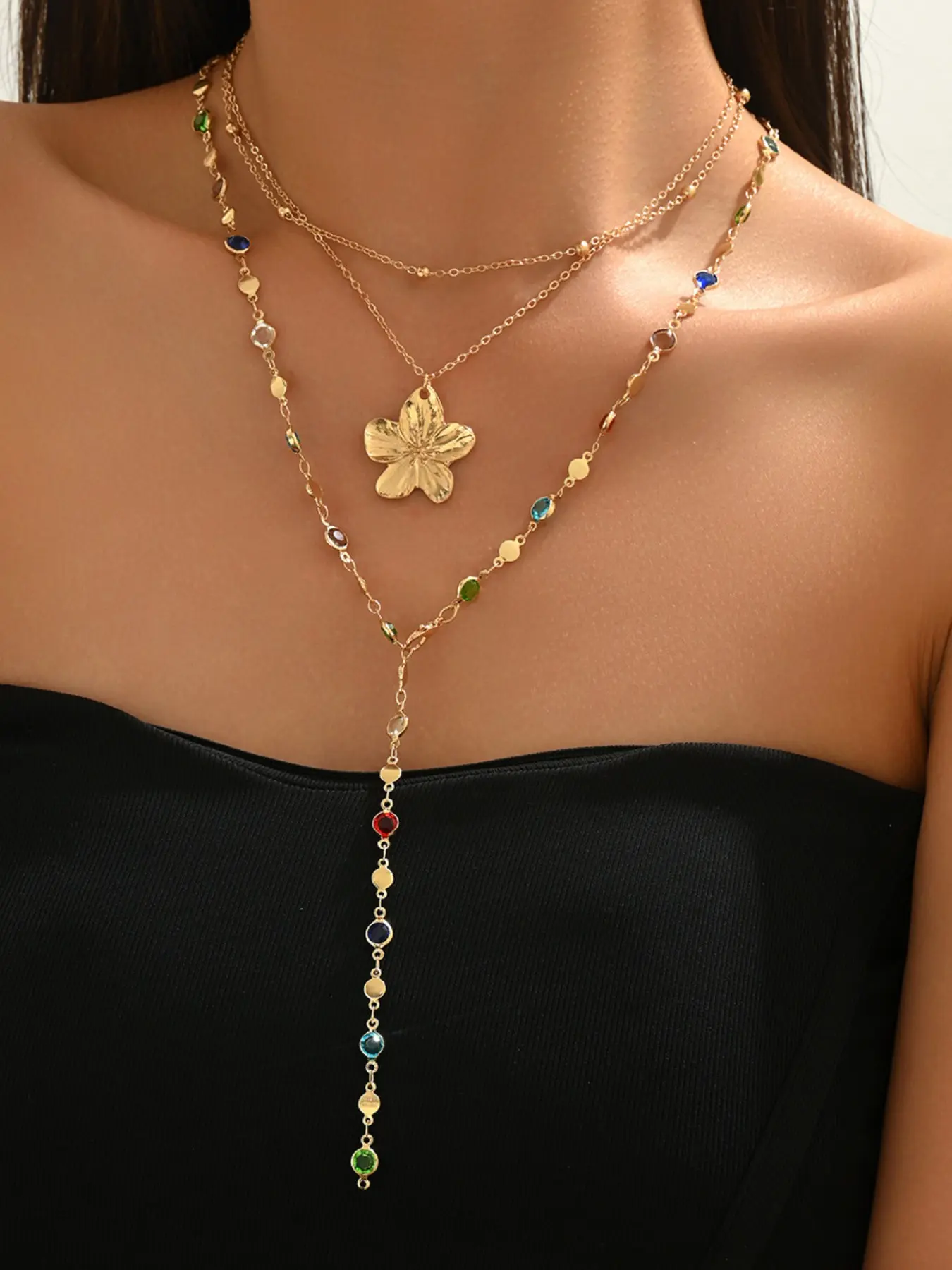 Three-Layer Cherry Blossom Theme Pearl Necklace, French Chic Style Aesthetic, Y-Shaped Collar Chain, Elegant Layered Structure Jewelry for Women, Elegant Accessory
