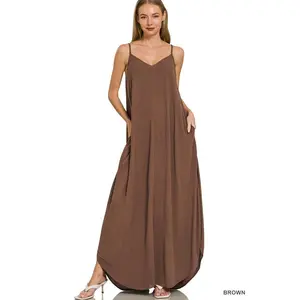 Zenana Woven Crinkle Cami Maxi Dress with Side Pockets