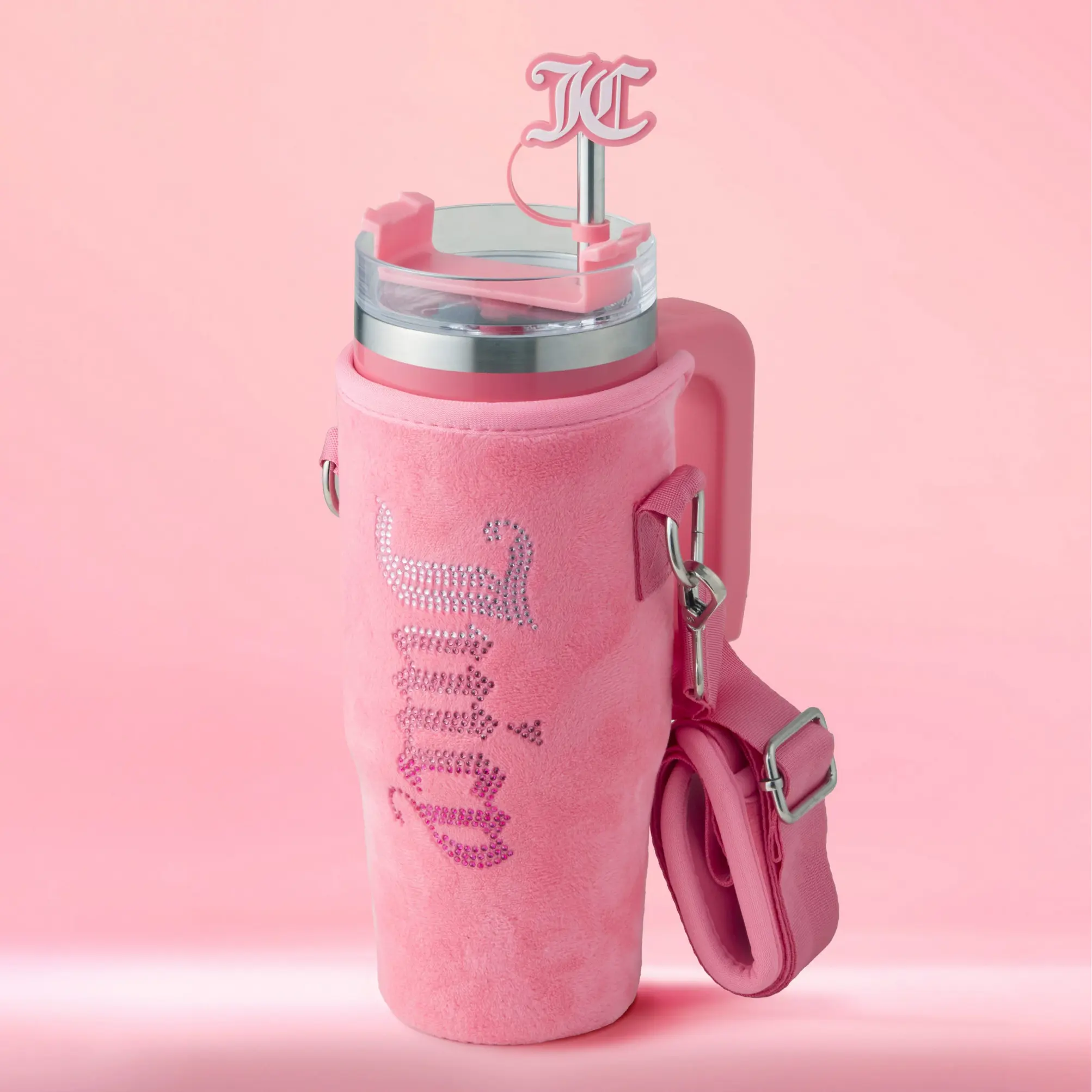 Jetsetter Hydration Stainless Steel Tumbler with Handle, Straw & Topper with Velour Crossbody Pouch
