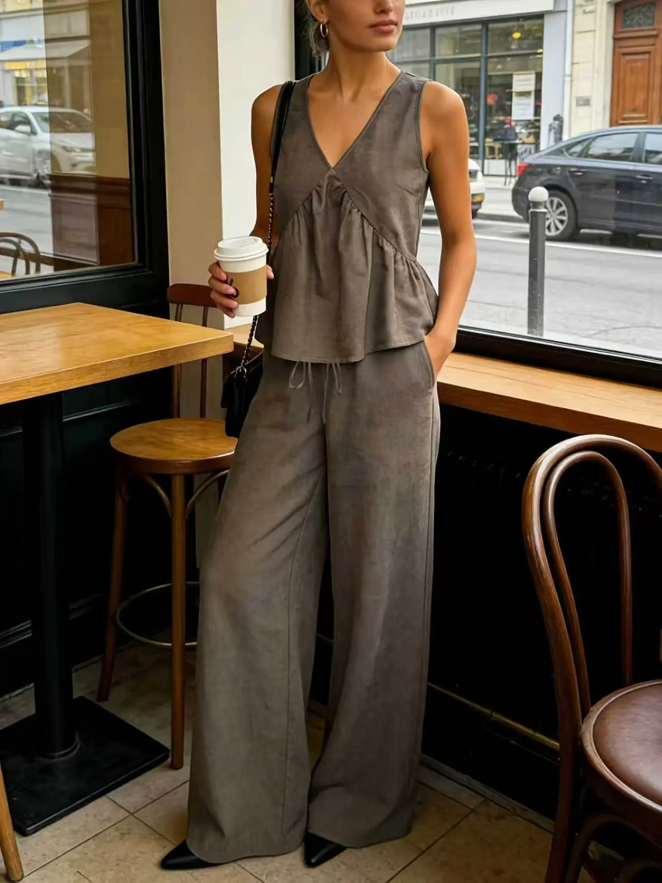 Vintage Coffee Color Set, Deep V Pleated Vest + Adjustable Drawstring Wide Leg Pants, Comfortable Lazy Casual Minimalist Style Two-Piece Outfits Womenswear