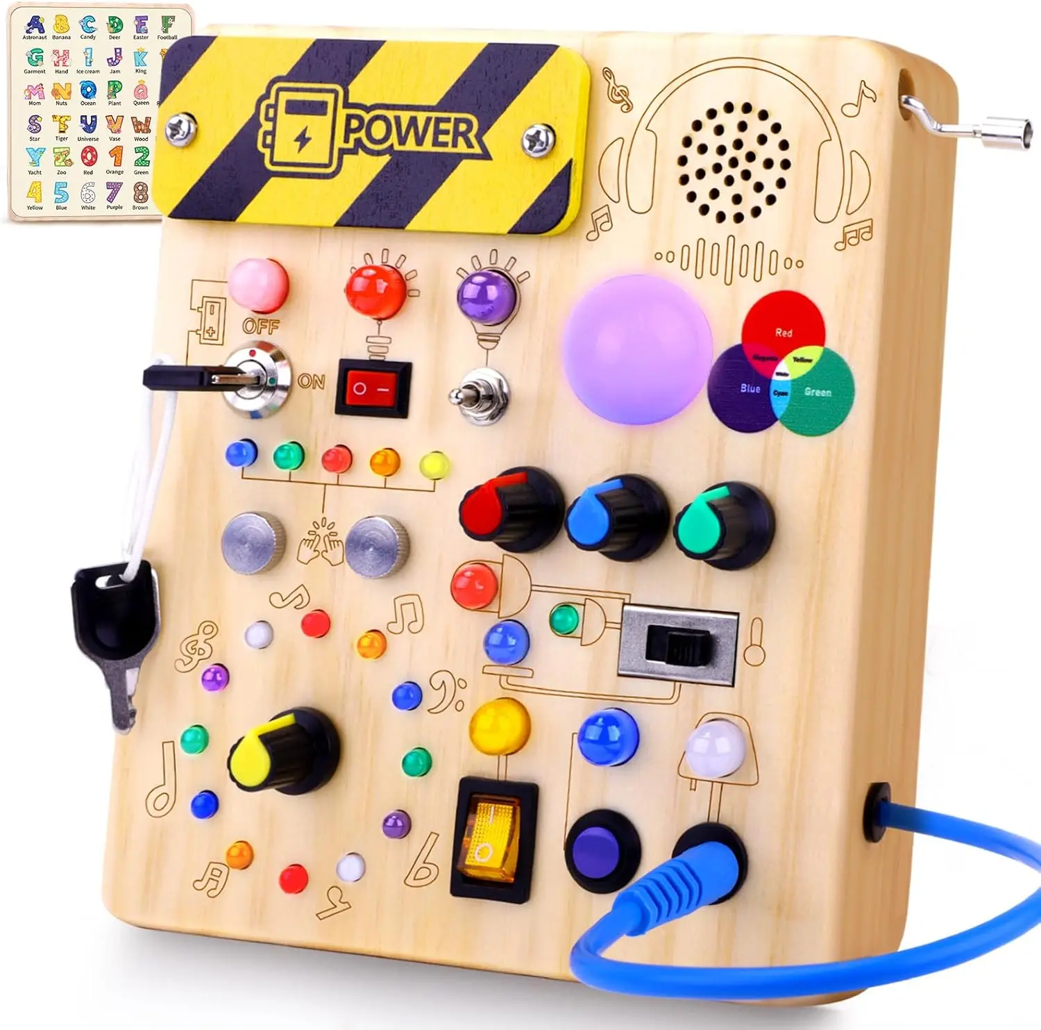 HOAROSALL Solid Wood Montessori Busy Board V4, 18-24 Months Toddler Educational Sensory Toy with LED Lights, Music Box, Auditory Processing & Body Conductivity Support, 5.71x6.69x1.1in Ideal Travel/Birthday Gift, Unisex Early Learning Toy