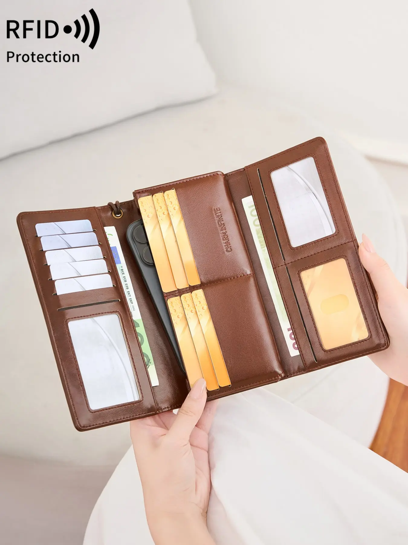 Ladies' three fold long wallet, Trifold wallet, RFID anti-theft, large capacity PU material, multifunctional design, with ID card window, suitable for cash and credit cards, with detachable wrist strap, Wristlet Wallets