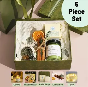 Luxury Home Fragrance Aromatherapeutic Gift Set All Occasions 5 Piece Includes Candle Reed Diffuser Facial Soap Cinnamon Lights