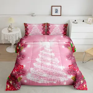 Pink Christmas Themed Microfiber Comforter Set - Luxury Bedding Set with Santa Tree, Bell Decorations and Decorative Bedsheet, Decorative Bedsheet Sets