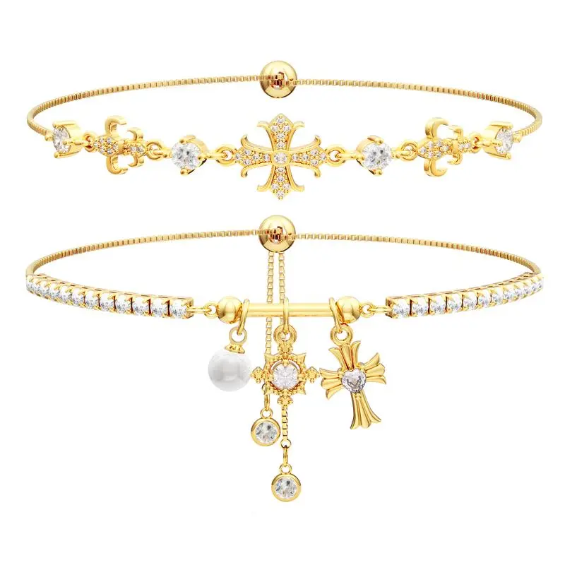 Adjustable Double Layered Cross Bracelets Sparkle Jewelry Set for Mother's Day Gifts Valentine Wedding Birthday Gold Plated with Cubic Zirconia
