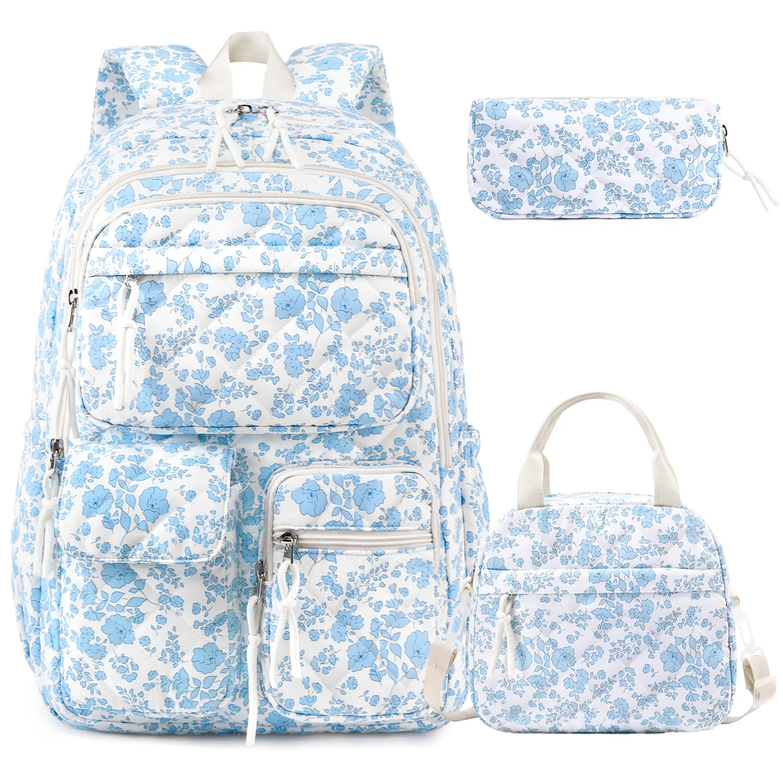 Similove 3PCS Quilted Floral Corduroy Backpack Bundle Set with Lunch Box & Pencil Pouch, School bag for Elementary Middle School,Back to School Gift,Birthday's Gift