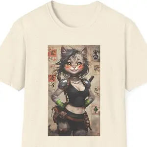 Whimsical Warrior Cat w/ Japanese BG T-Shirt, Unisex Graphic Tee for Animal Cat Lovers, Unique Gift for Mom, Statement Tee, Anime Vibe Shirt