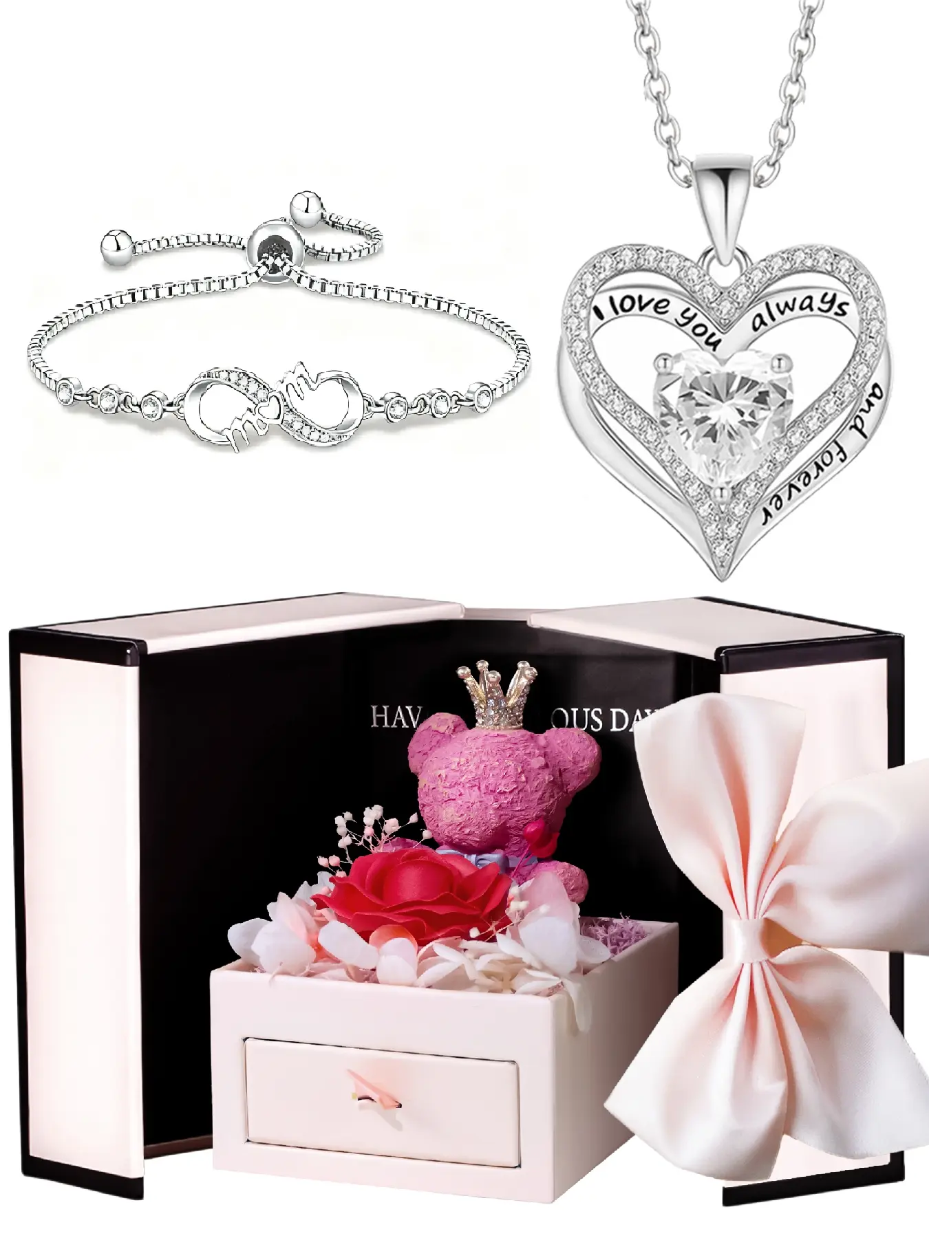 Engraved heart pendant necklace paired with an infinity love Mother's Day bracelet, gift from daughter or son for Mother's Day, bear and rose gift box, includes a message card, gift for grandma, Jewellery gift set